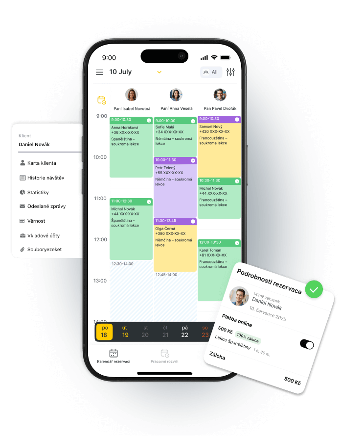 Mobile app interface showing student management calendar and appointment details
